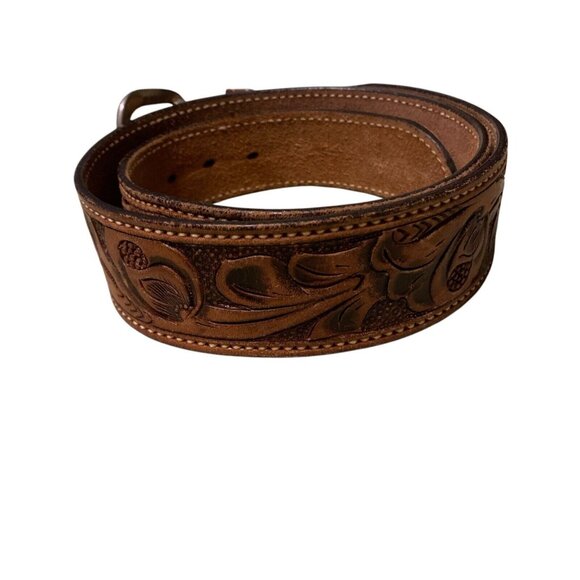 Western Genuine  Tooled Rawhide Brown Belt With Exchangeable Buckle Size 34 - Picture 2 of 6